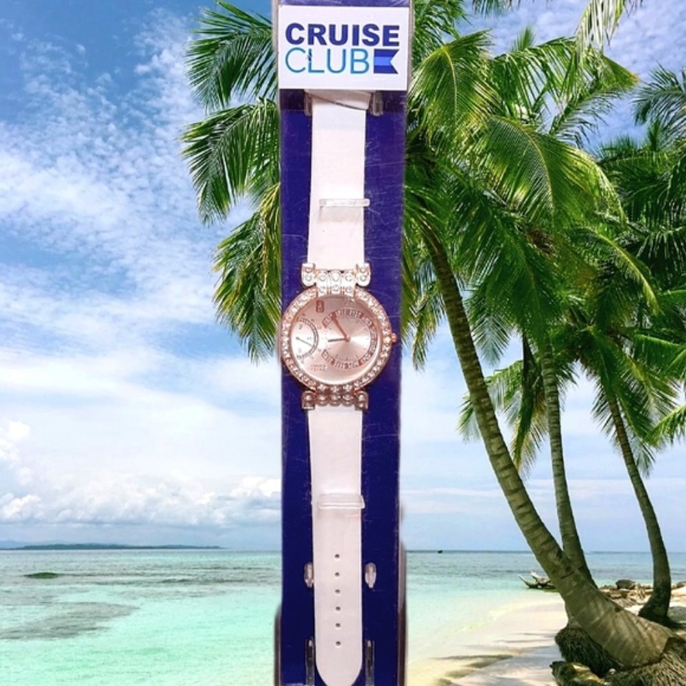 Cruise Club Faux Leather Wrist Watch White Rhinestone Bling Gold Tone Fashion